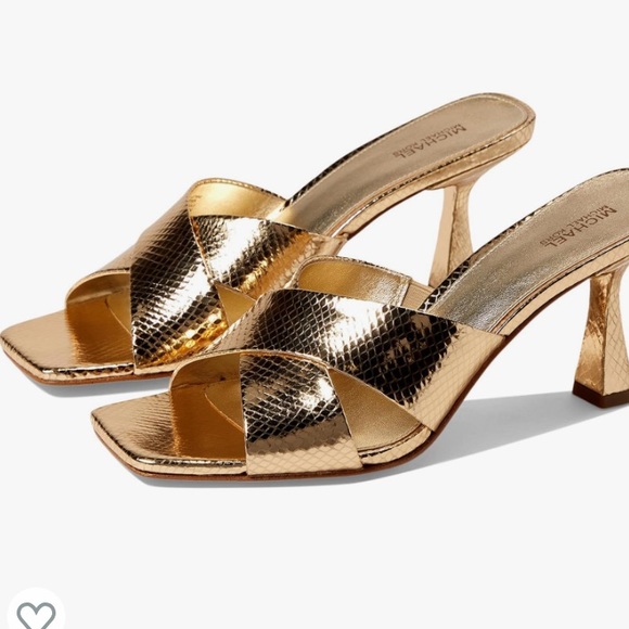 Michael Kors Clara Mule Square toe Sandals Gold snake skin leather kitten heel - Picture 2 of 7